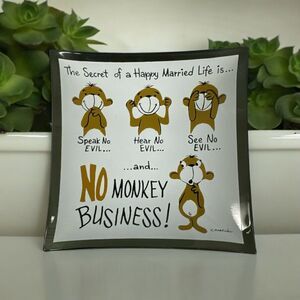 Vtg MCM Campana Monkey Business Secret Happy Married Life Glass 5” Trinket Dish